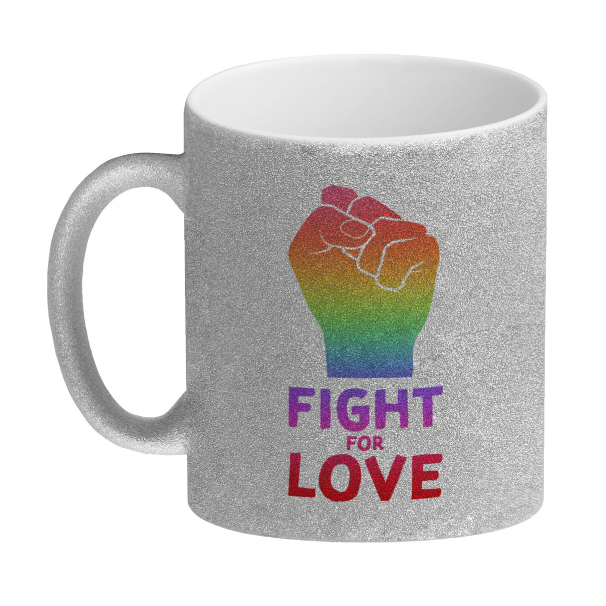 Fight for Love Kaffeebecher mit Faust in Regenbogenfarben