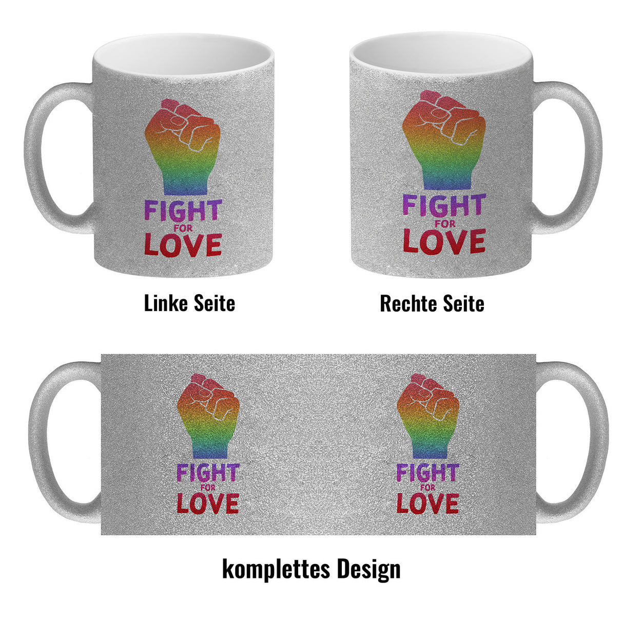 Fight for Love Kaffeebecher mit Faust in Regenbogenfarben