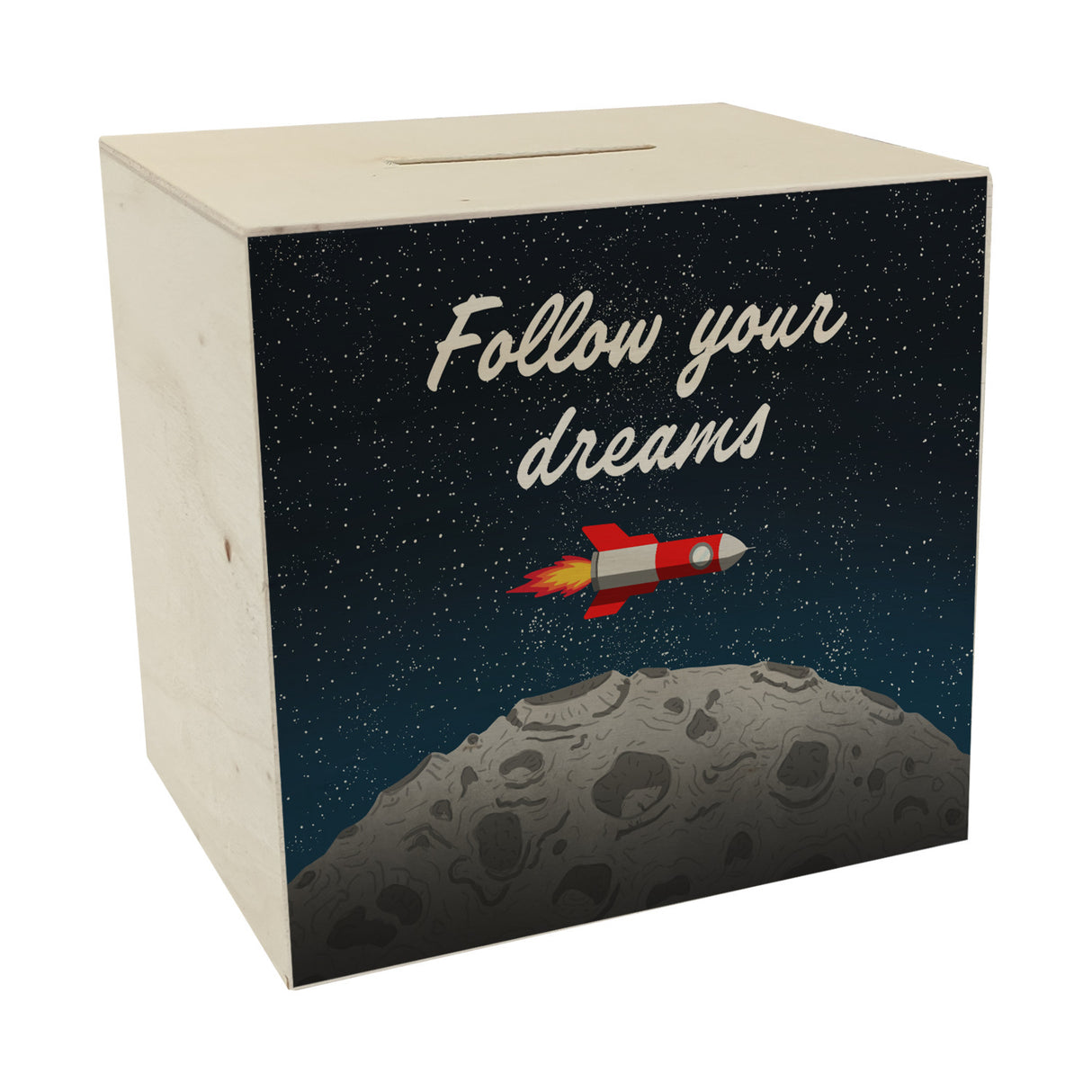 Rakete im Weltall follow your dreams Mond Spardose