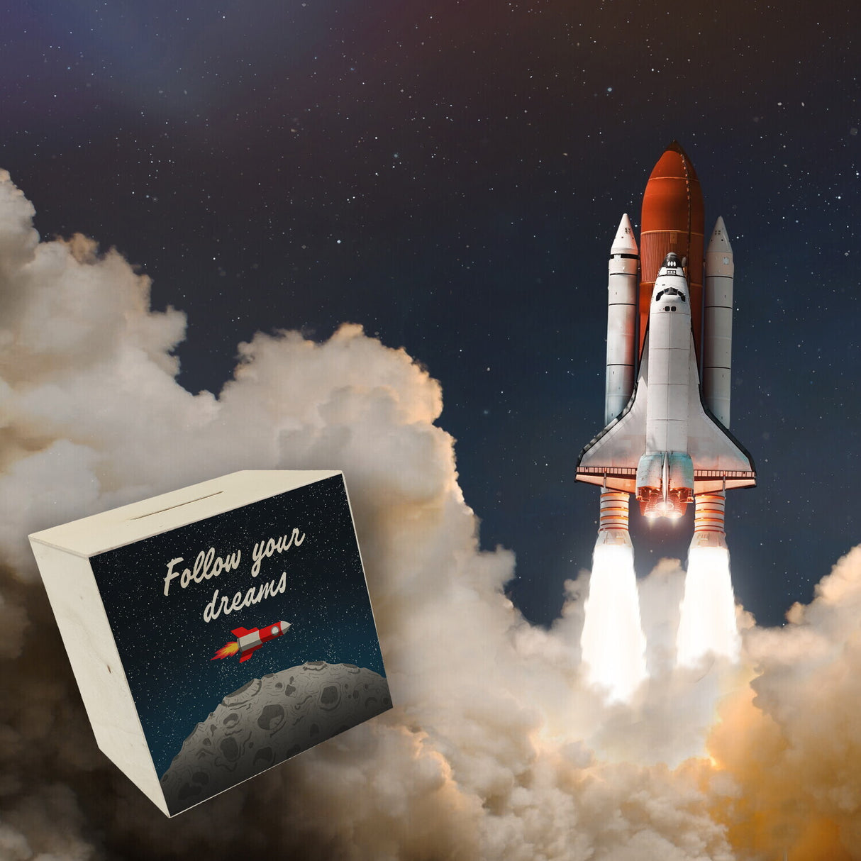 Rakete im Weltall follow your dreams Mond Spardose