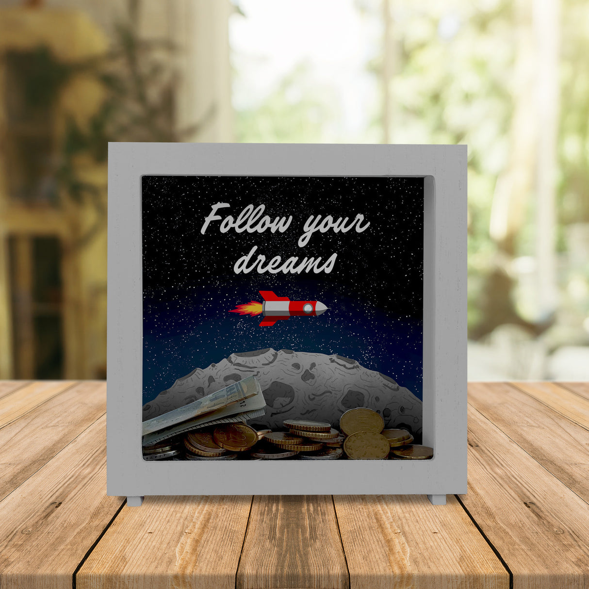 Rakete im Weltall follow your dreams Mond Spardose