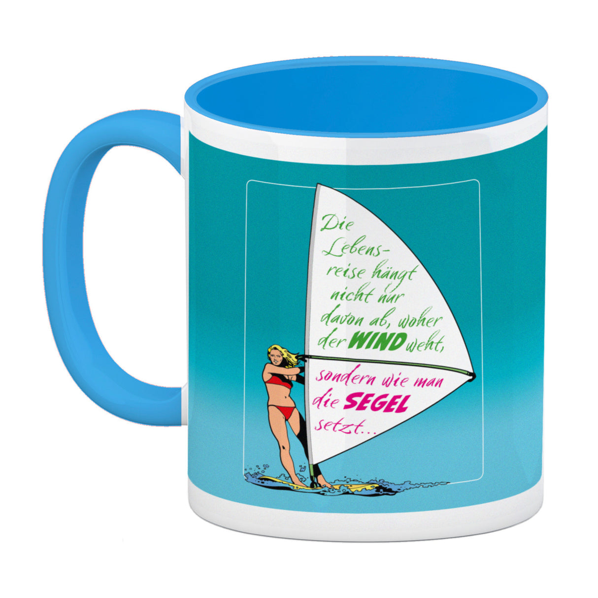 Surferin Kaffeebecher mit Spruch auf dem Segel