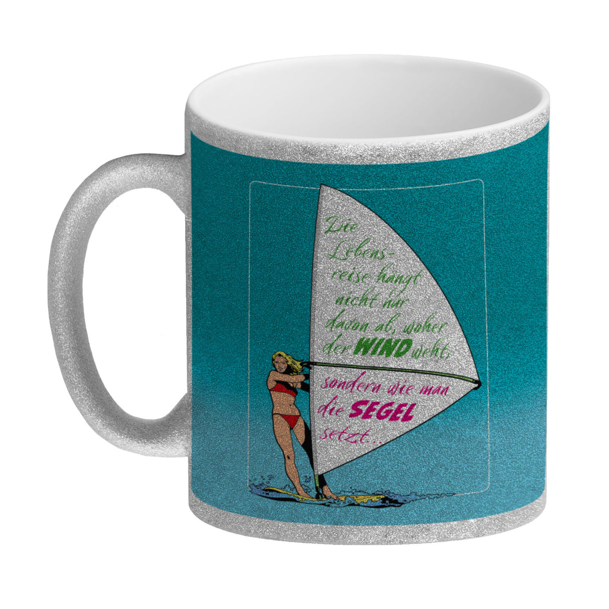 Surferin Kaffeebecher mit Spruch auf dem Segel