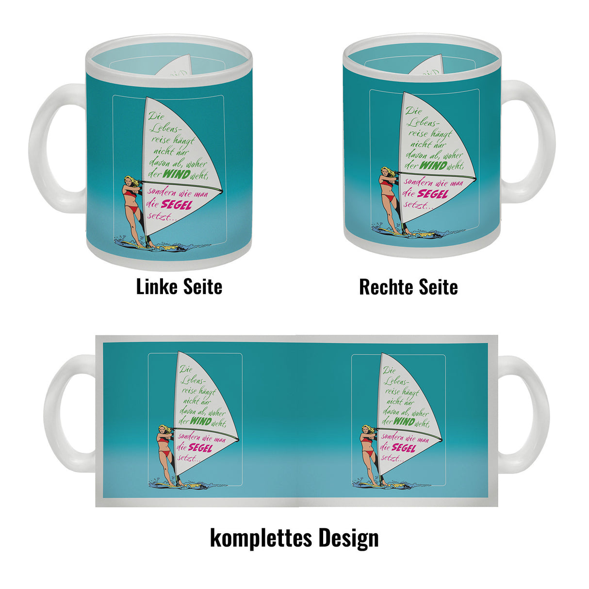 Surferin Kaffeebecher mit Spruch auf dem Segel
