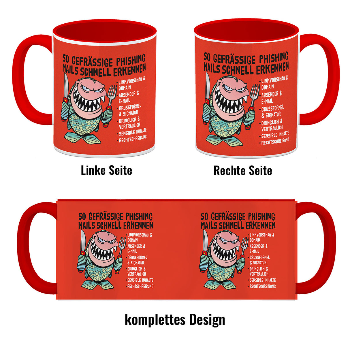 Kaffeebecher zum Thema Phishing Mails erkennen mit Fisch Motiv