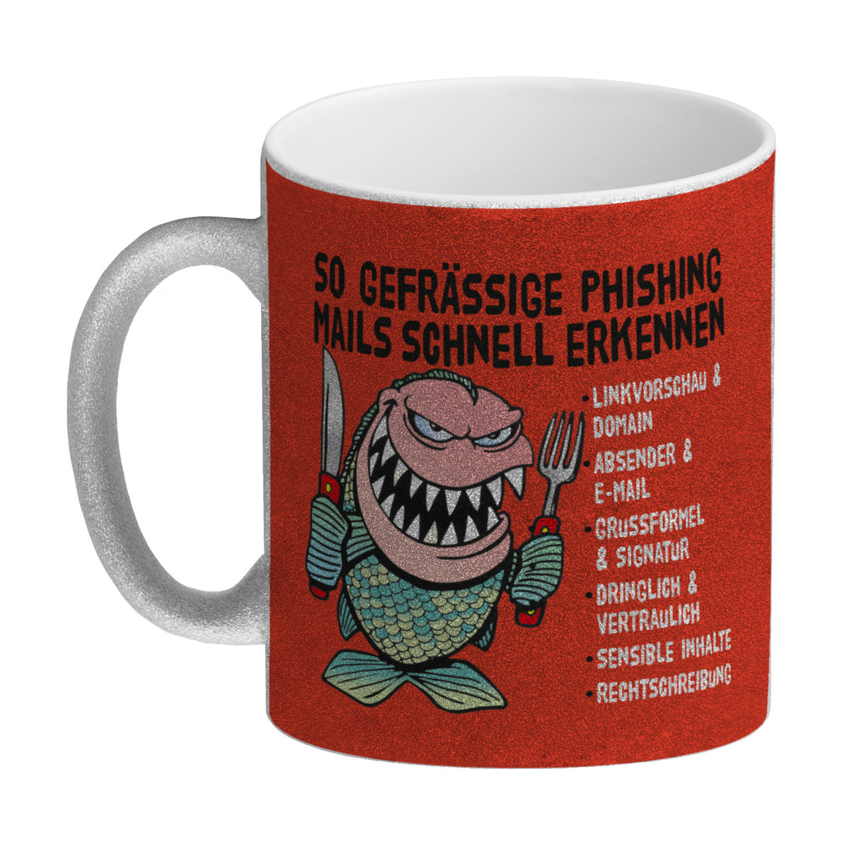 Kaffeebecher zum Thema Phishing Mails erkennen mit Fisch Motiv