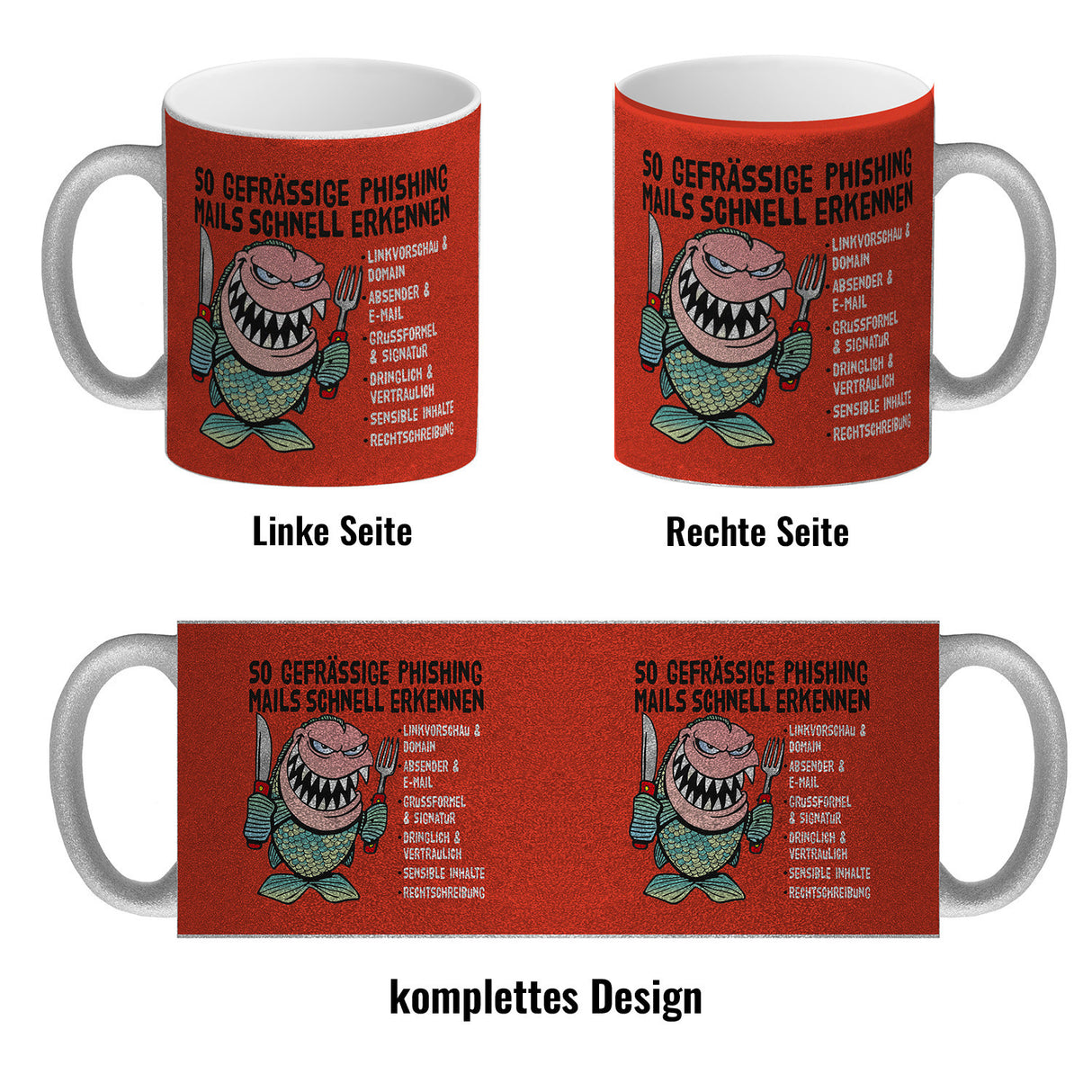 Kaffeebecher zum Thema Phishing Mails erkennen mit Fisch Motiv