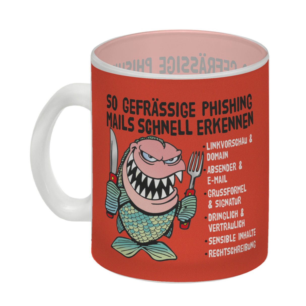 Kaffeebecher zum Thema Phishing Mails erkennen mit Fisch Motiv