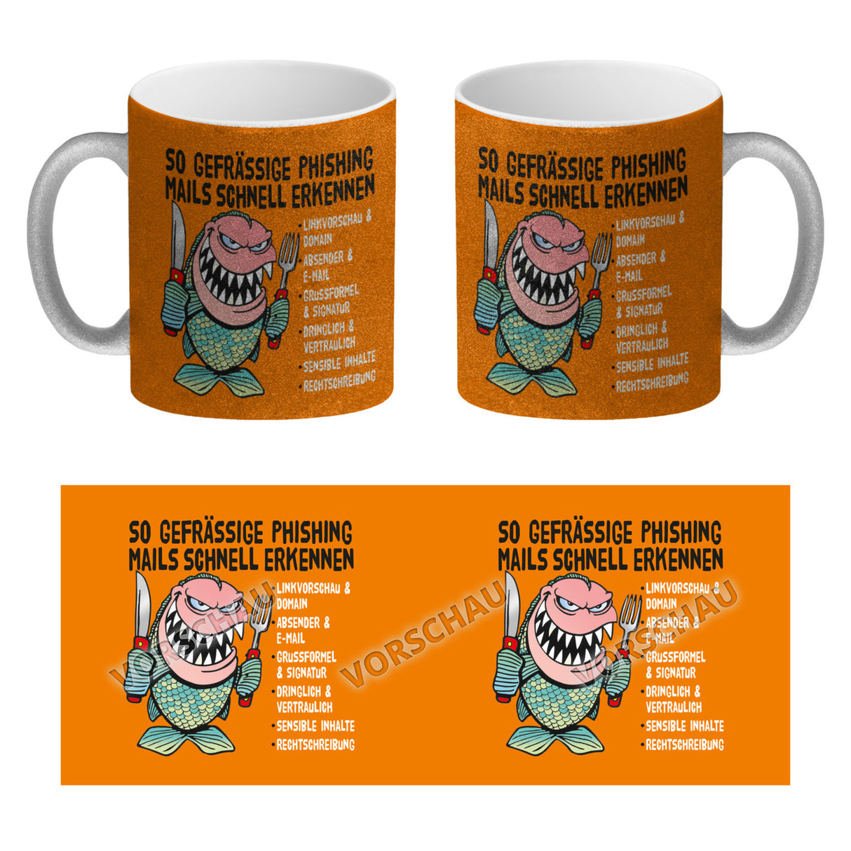 Kaffeebecher zum Thema Phishing Mails erkennen mit Fisch Motiv