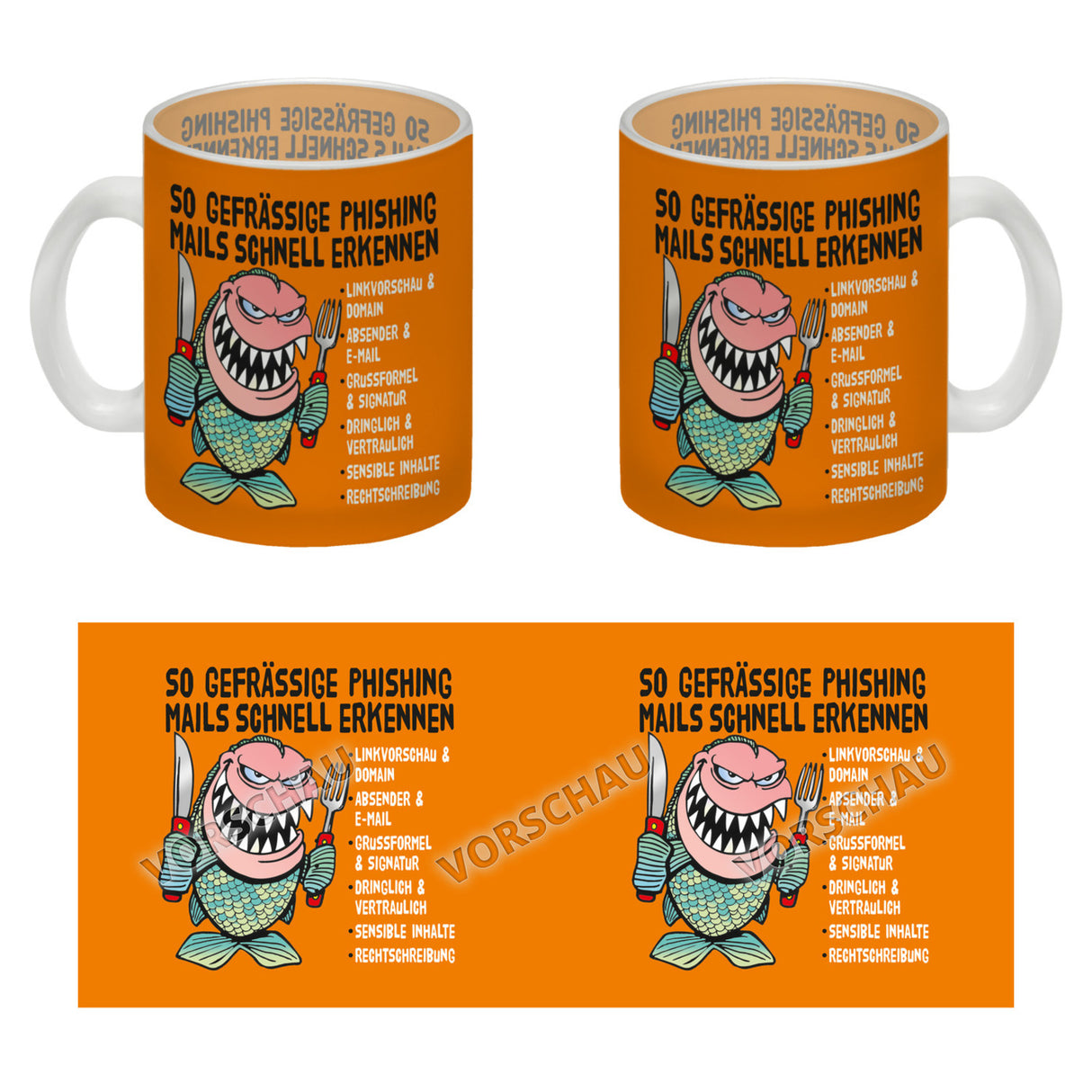 Kaffeebecher zum Thema Phishing Mails erkennen mit Fisch Motiv