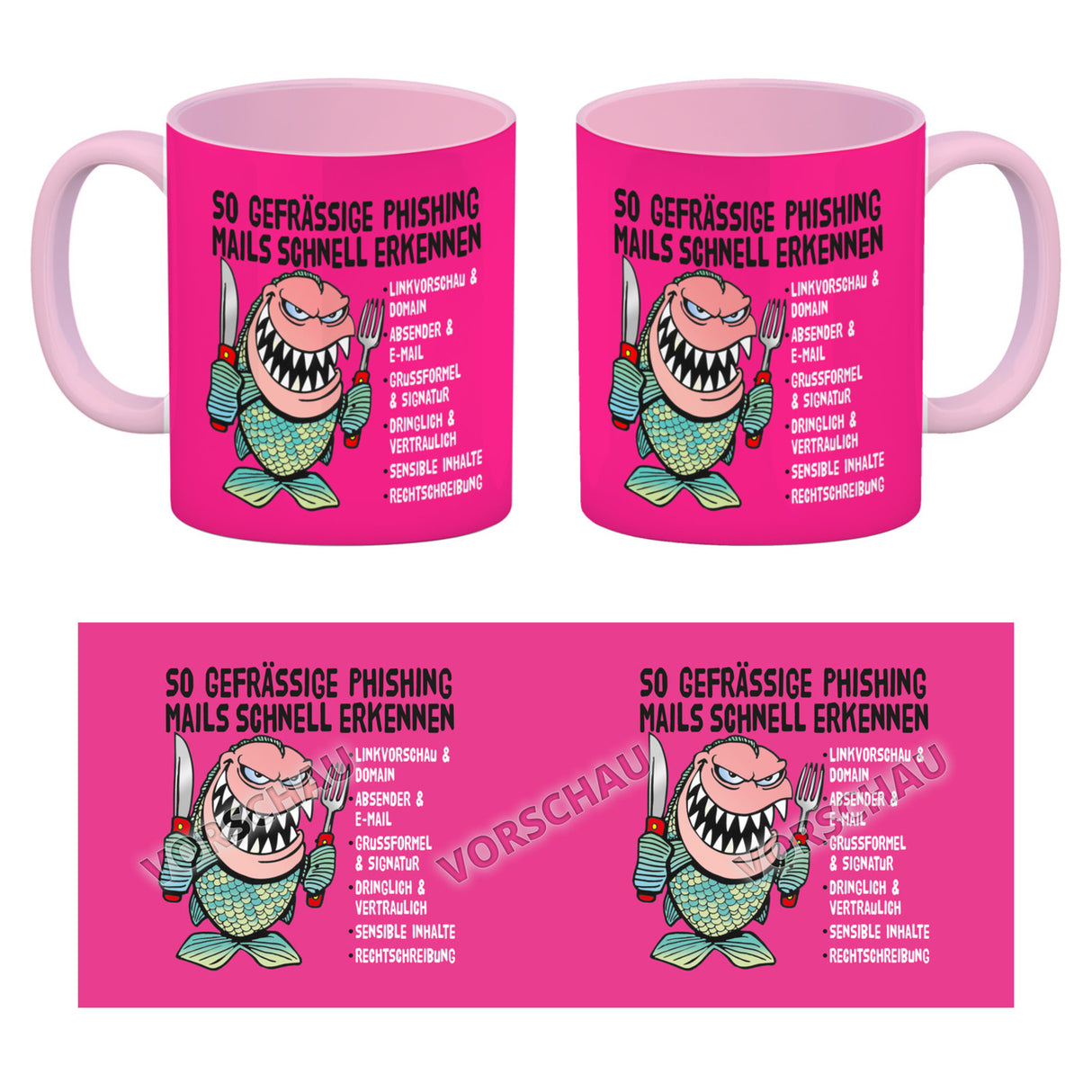 Kaffeebecher zum Thema Phishing Mails erkennen mit Fisch Motiv