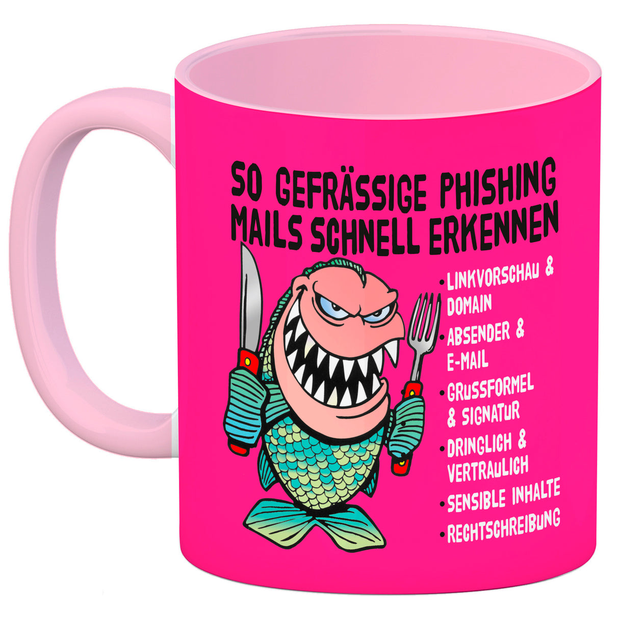 Kaffeebecher zum Thema Phishing Mails erkennen mit Fisch Motiv