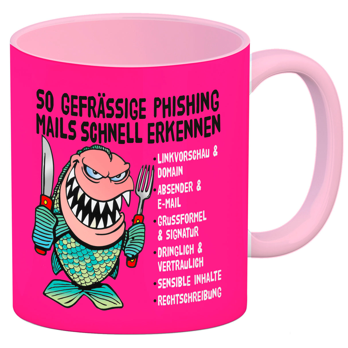 Kaffeebecher zum Thema Phishing Mails erkennen mit Fisch Motiv