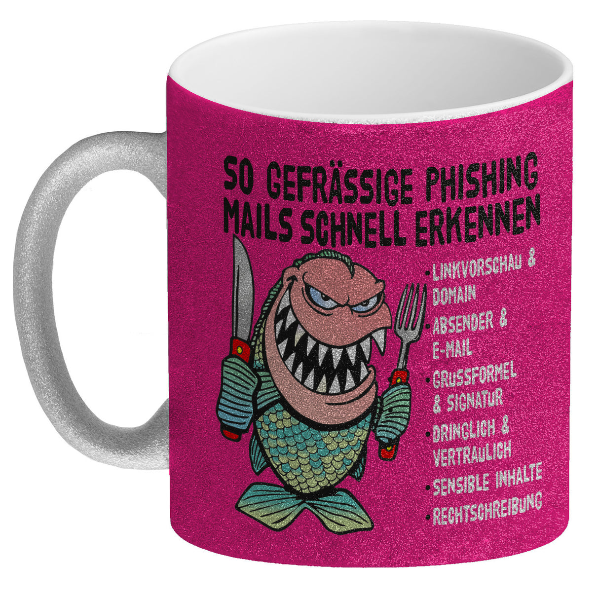 Kaffeebecher zum Thema Phishing Mails erkennen mit Fisch Motiv