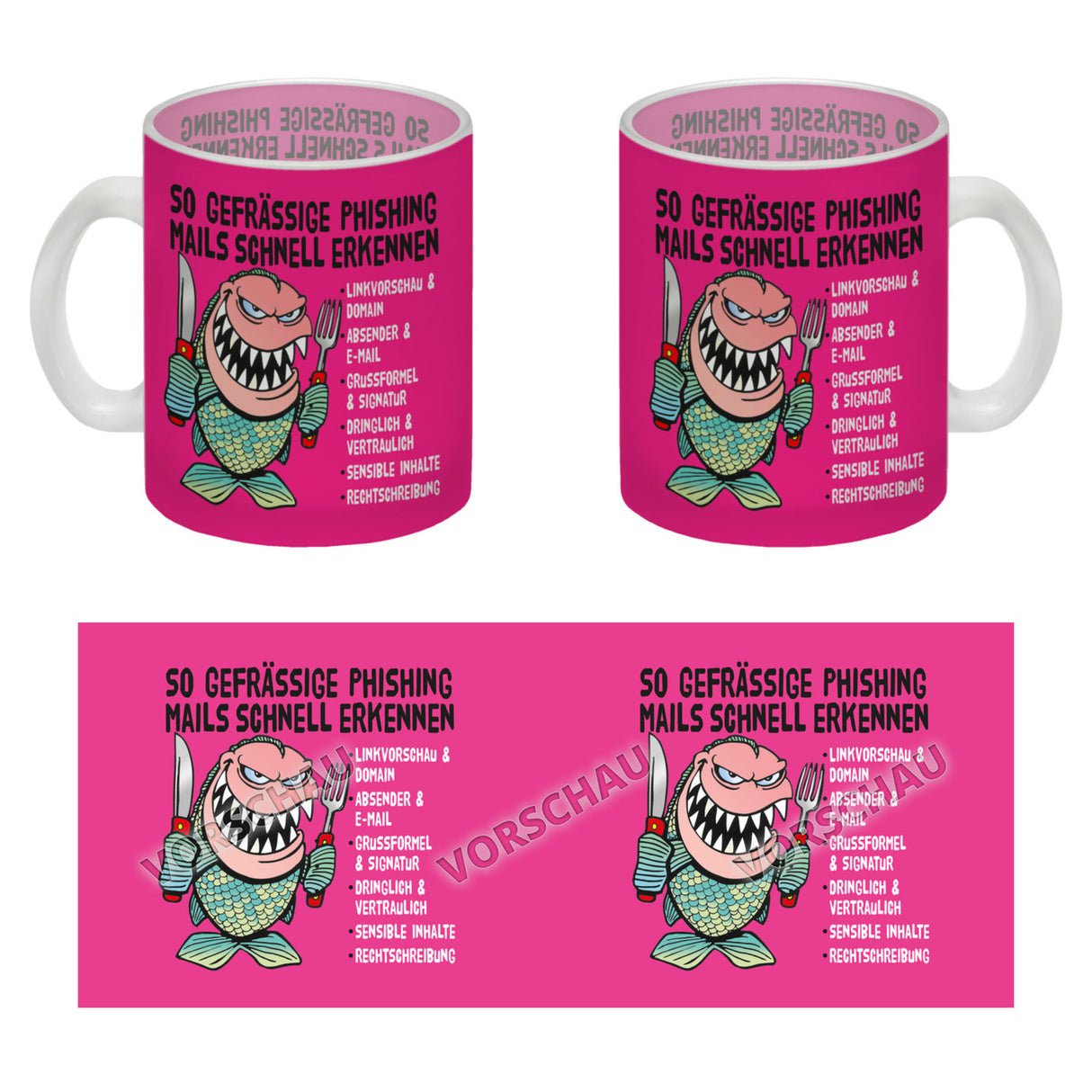 Kaffeebecher zum Thema Phishing Mails erkennen mit Fisch Motiv