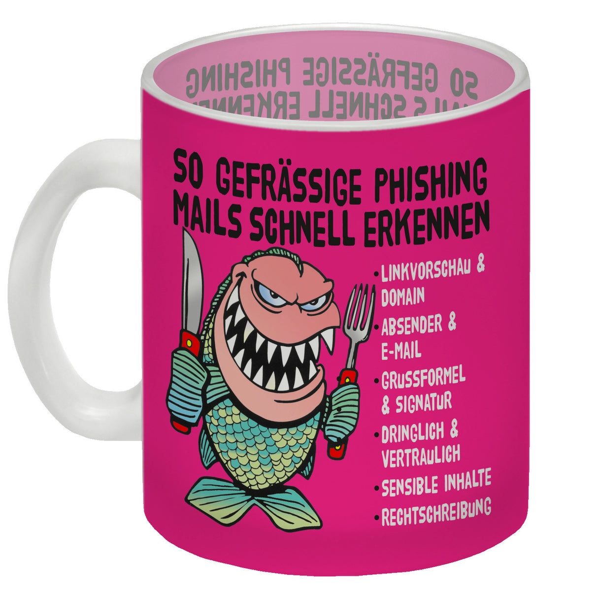 Kaffeebecher zum Thema Phishing Mails erkennen mit Fisch Motiv
