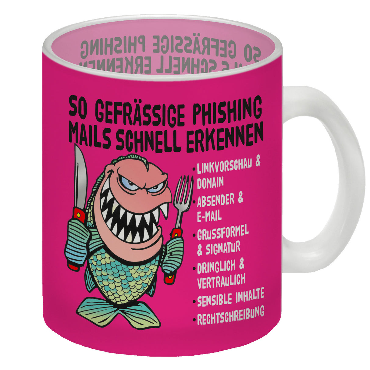 Kaffeebecher zum Thema Phishing Mails erkennen mit Fisch Motiv