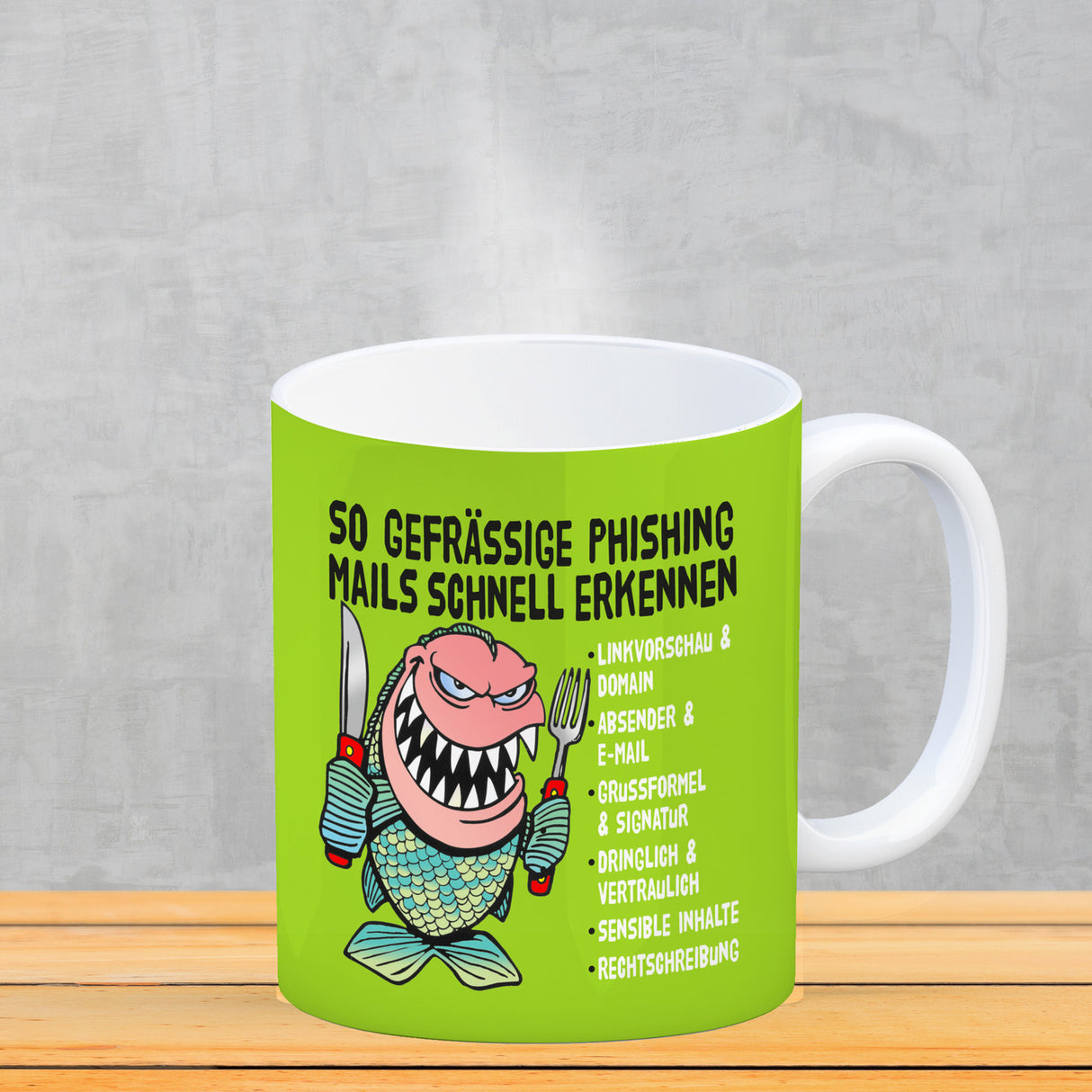 Kaffeebecher zum Thema Phishing Mails erkennen mit Fisch Motiv