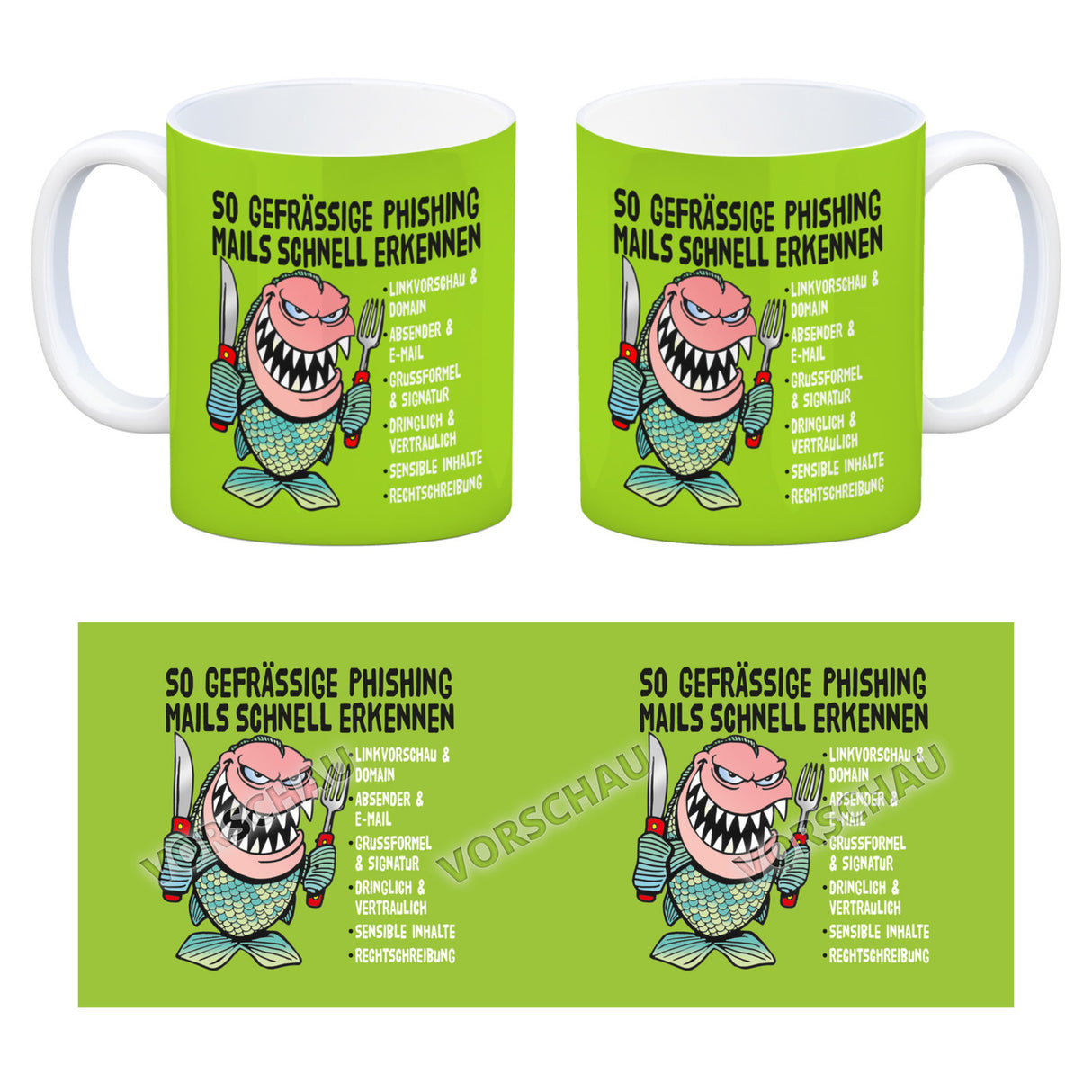 Kaffeebecher zum Thema Phishing Mails erkennen mit Fisch Motiv