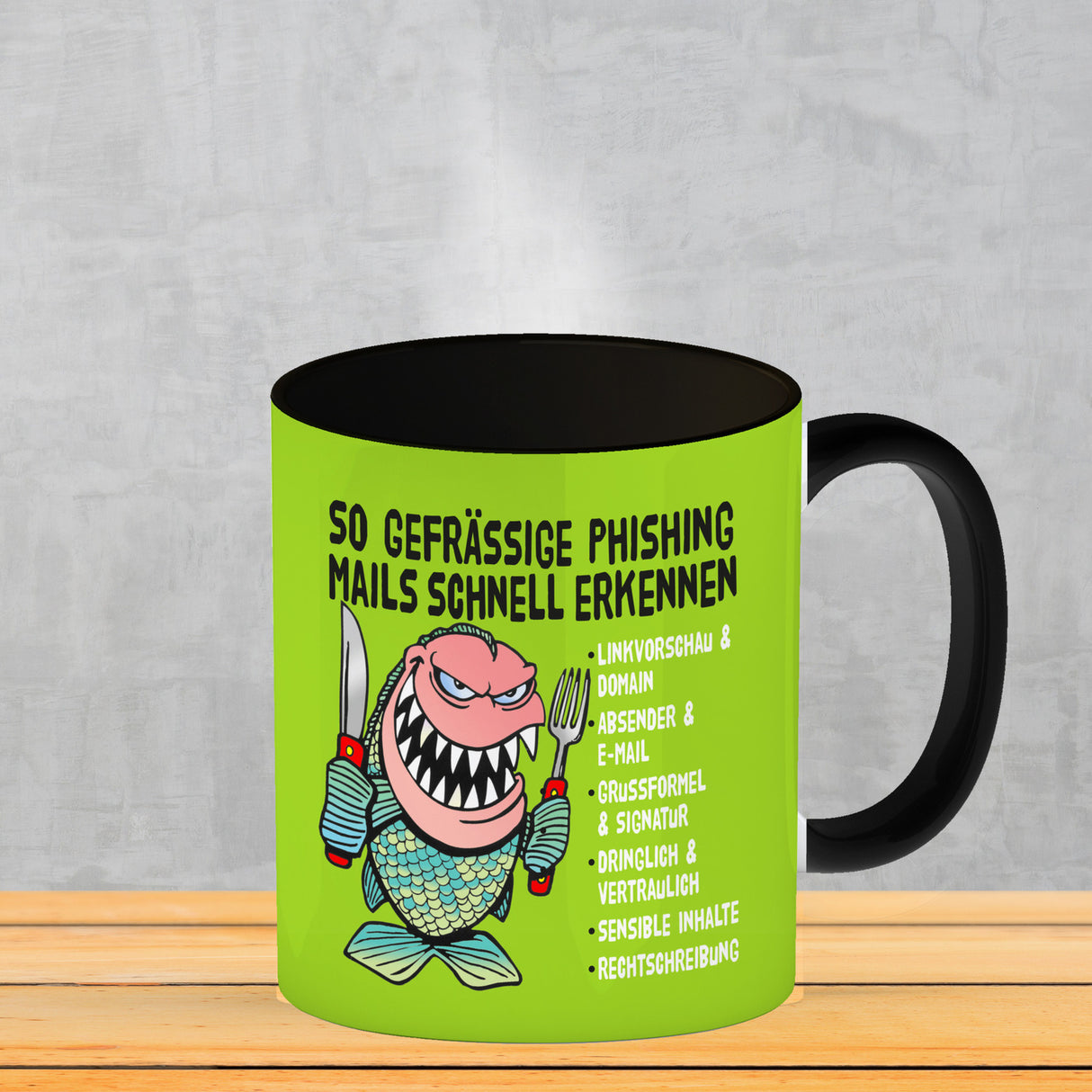 Kaffeebecher zum Thema Phishing Mails erkennen mit Fisch Motiv