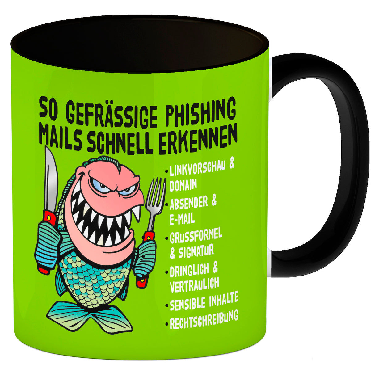 Kaffeebecher zum Thema Phishing Mails erkennen mit Fisch Motiv