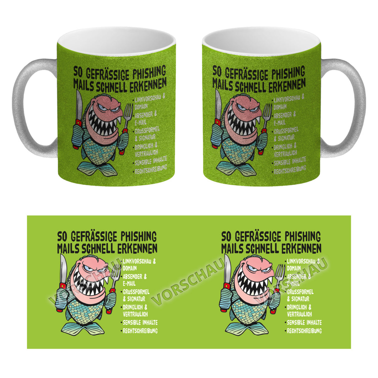 Kaffeebecher zum Thema Phishing Mails erkennen mit Fisch Motiv