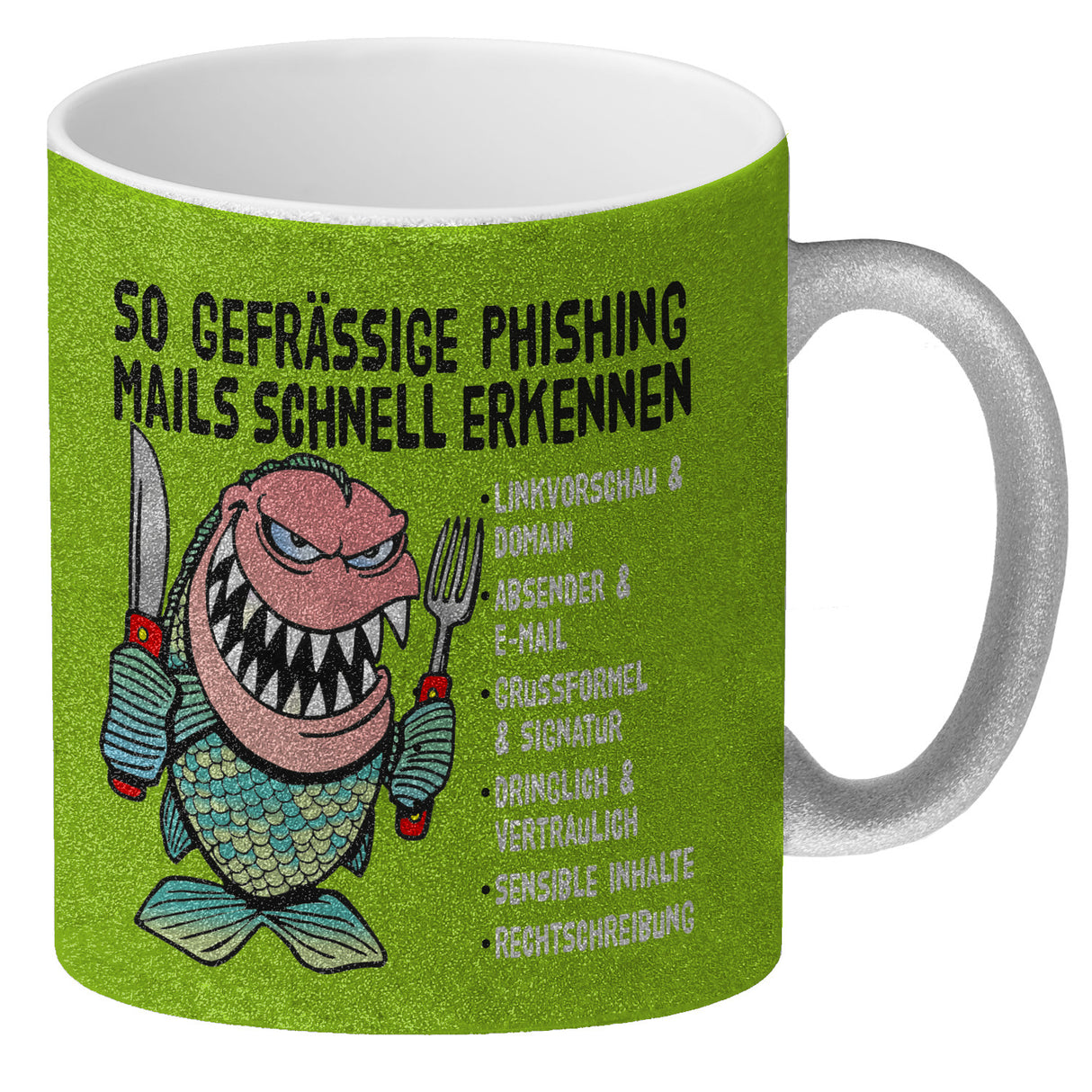 Kaffeebecher zum Thema Phishing Mails erkennen mit Fisch Motiv
