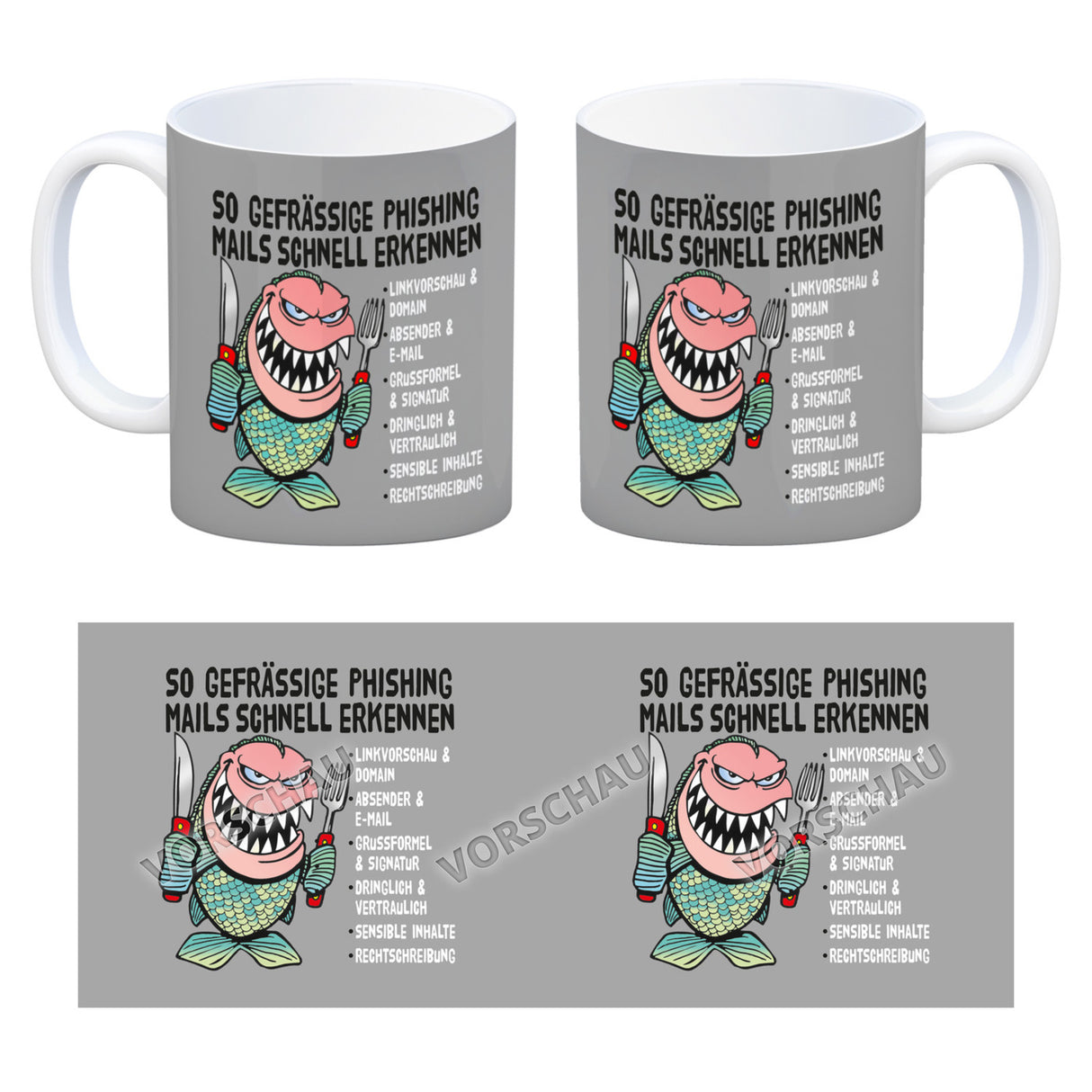 Kaffeebecher zum Thema Phishing Mails erkennen mit Fisch Motiv