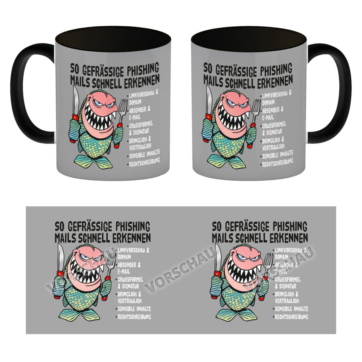 Kaffeebecher zum Thema Phishing Mails erkennen mit Fisch Motiv