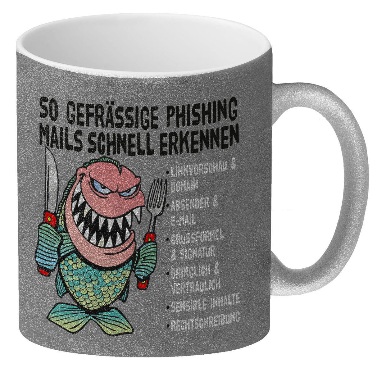 Kaffeebecher zum Thema Phishing Mails erkennen mit Fisch Motiv
