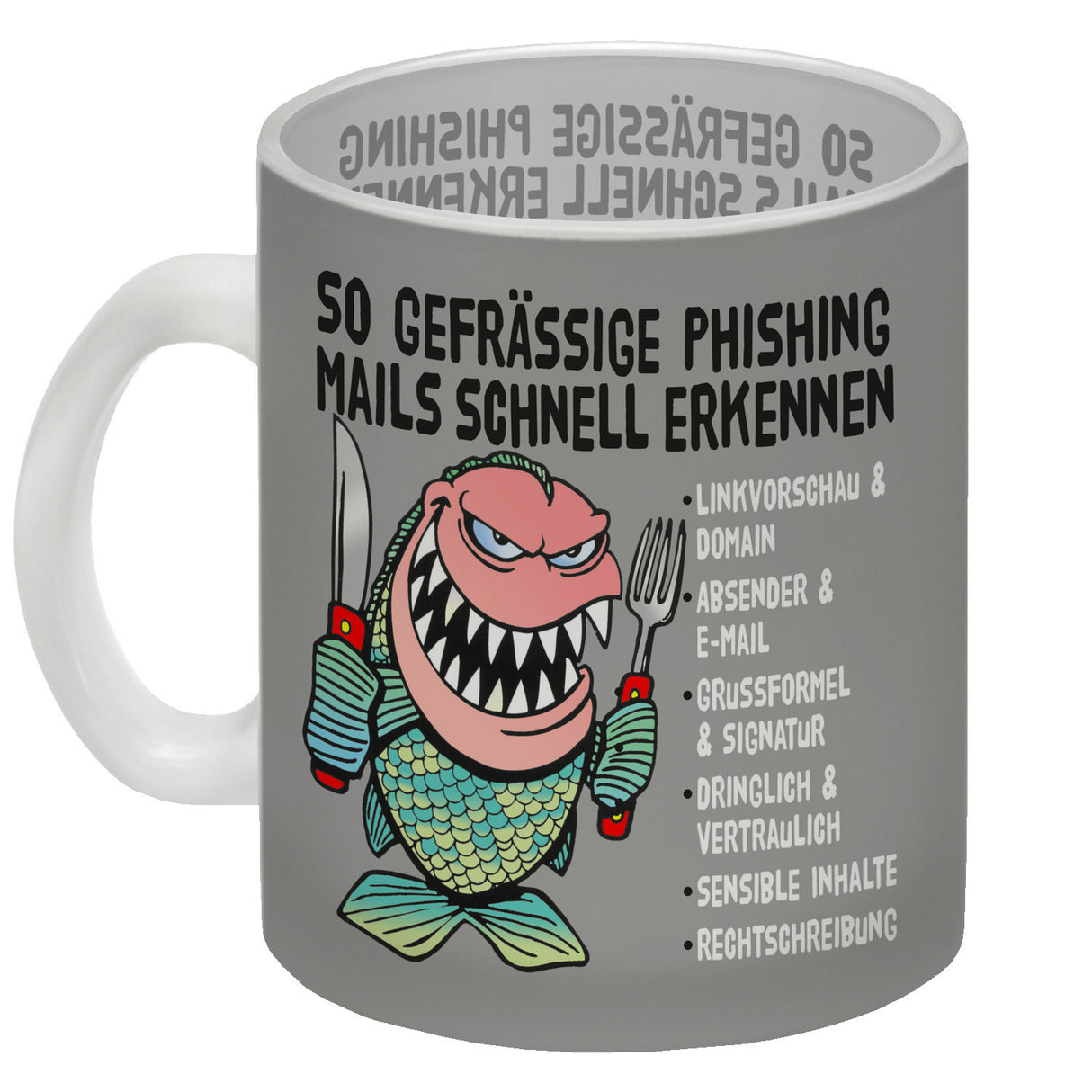 Kaffeebecher zum Thema Phishing Mails erkennen mit Fisch Motiv