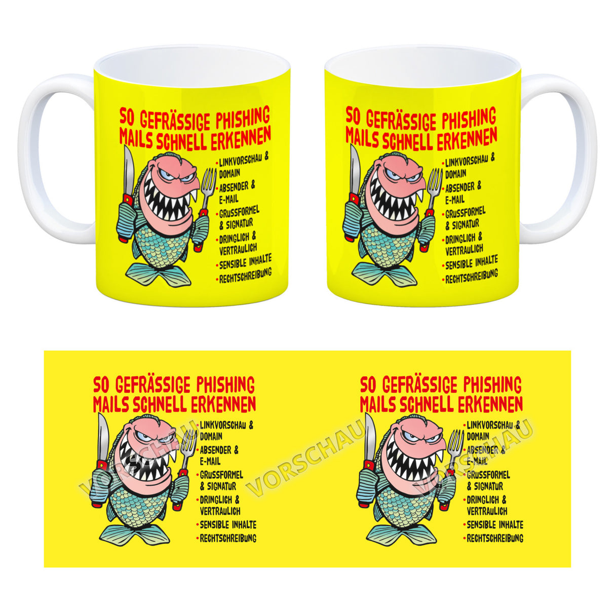 Kaffeebecher zum Thema Phishing Mails erkennen mit Fisch Motiv