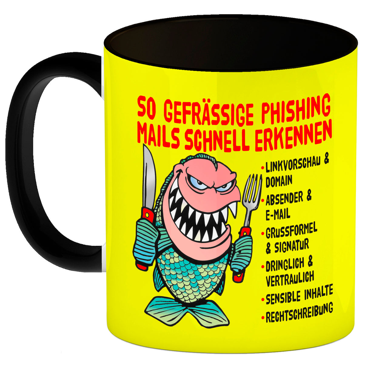 Kaffeebecher zum Thema Phishing Mails erkennen mit Fisch Motiv