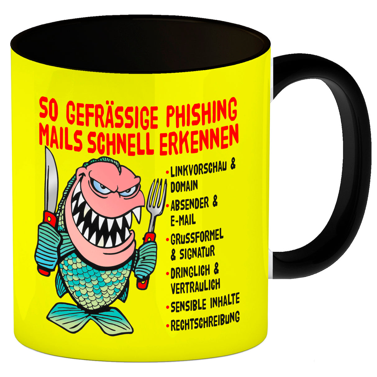 Kaffeebecher zum Thema Phishing Mails erkennen mit Fisch Motiv