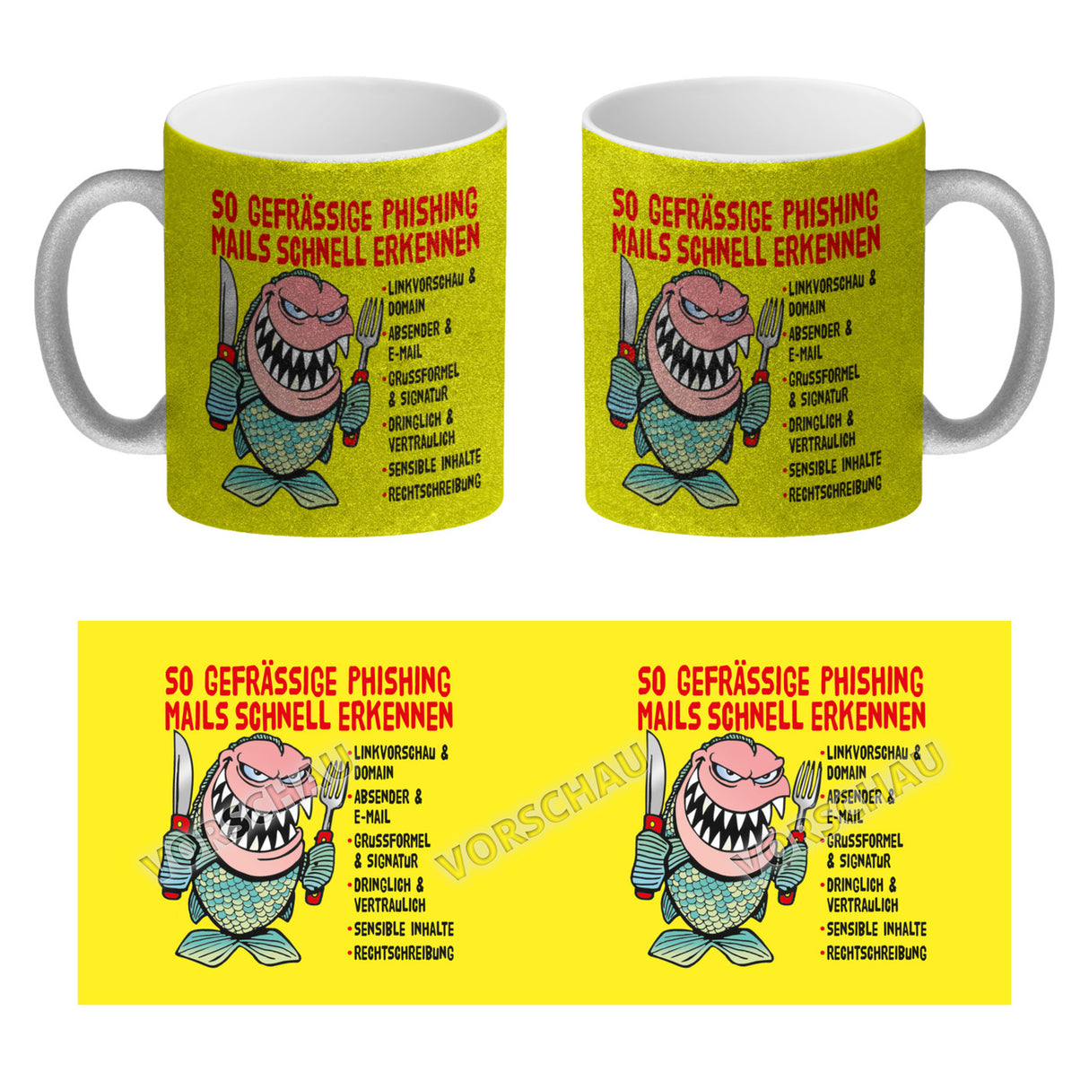 Kaffeebecher zum Thema Phishing Mails erkennen mit Fisch Motiv