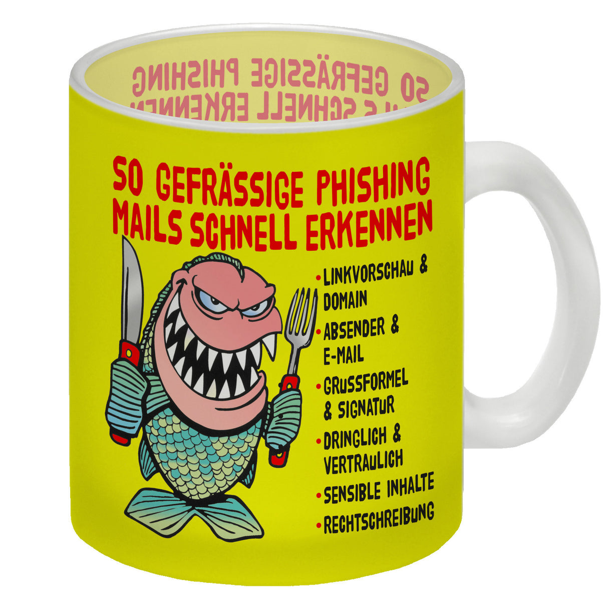 Kaffeebecher zum Thema Phishing Mails erkennen mit Fisch Motiv