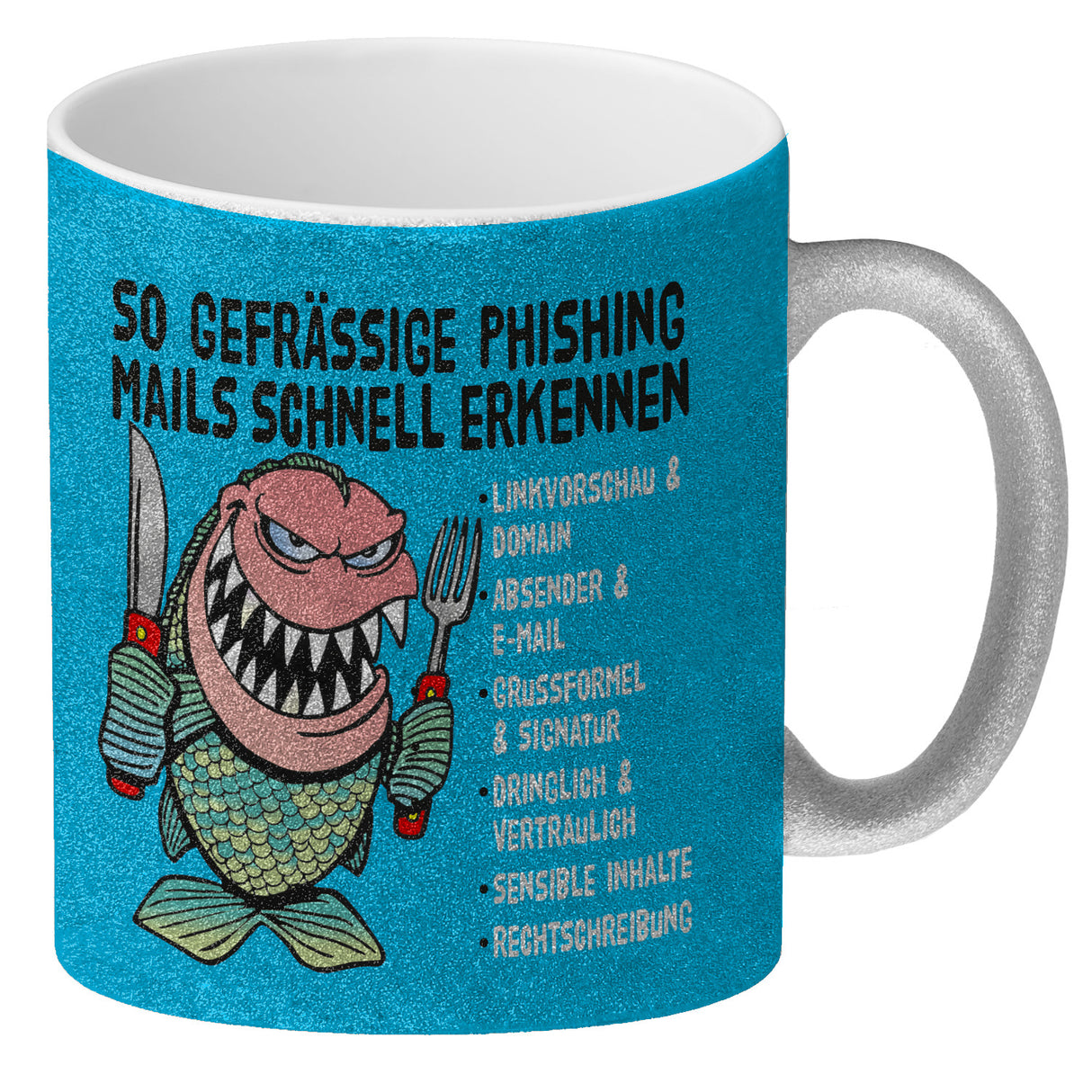 Kaffeebecher zum Thema Phishing Mails erkennen mit Fisch Motiv