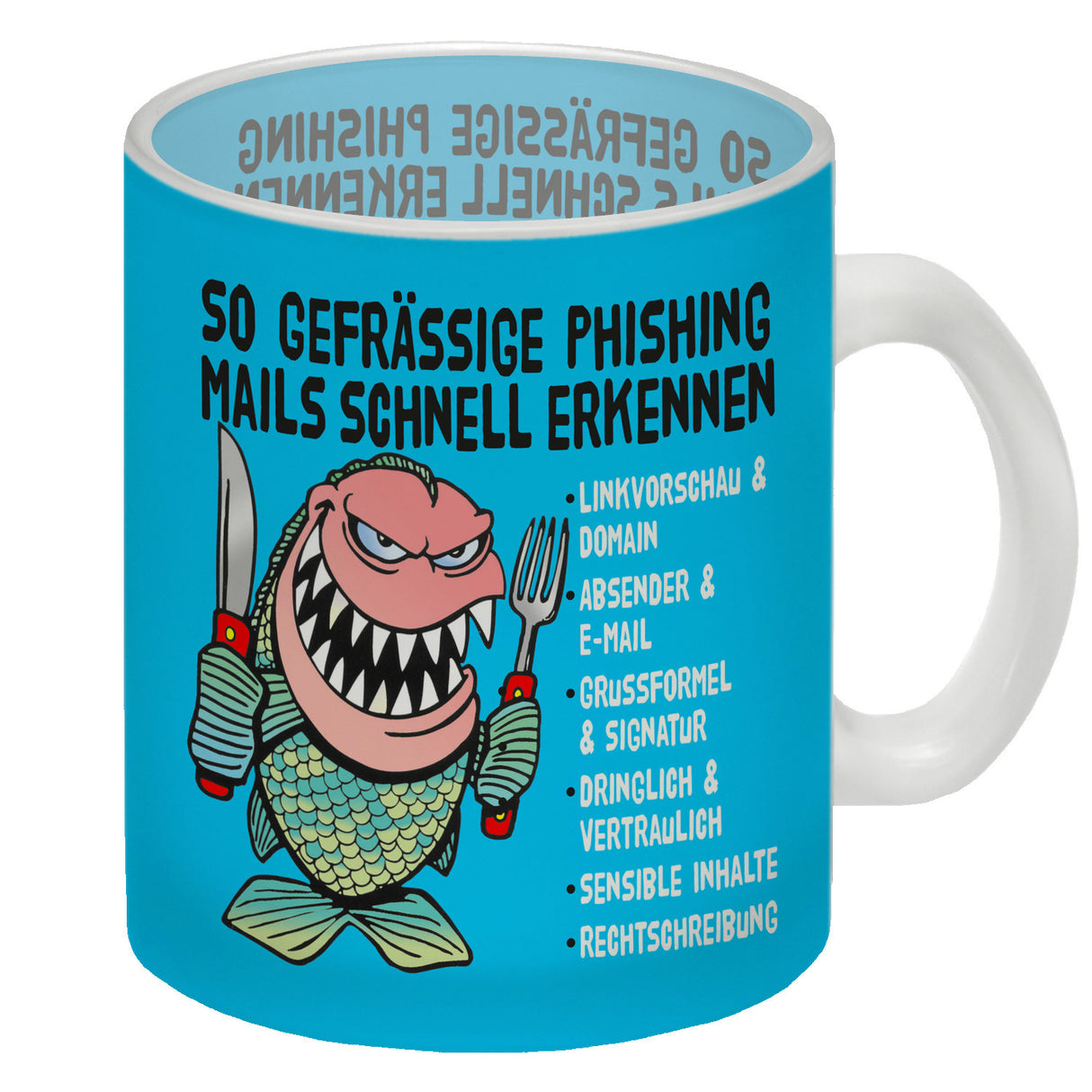 Kaffeebecher zum Thema Phishing Mails erkennen mit Fisch Motiv