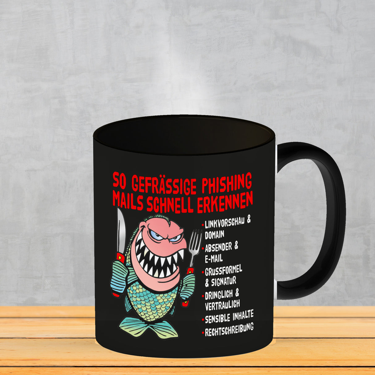 Kaffeebecher zum Thema Phishing Mails erkennen mit Fisch Motiv