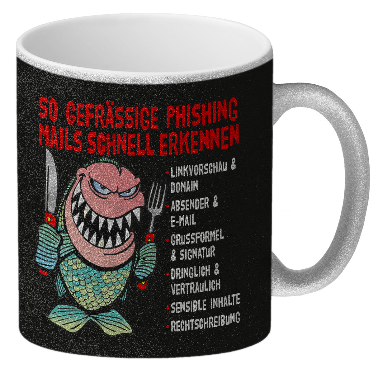 Kaffeebecher zum Thema Phishing Mails erkennen mit Fisch Motiv