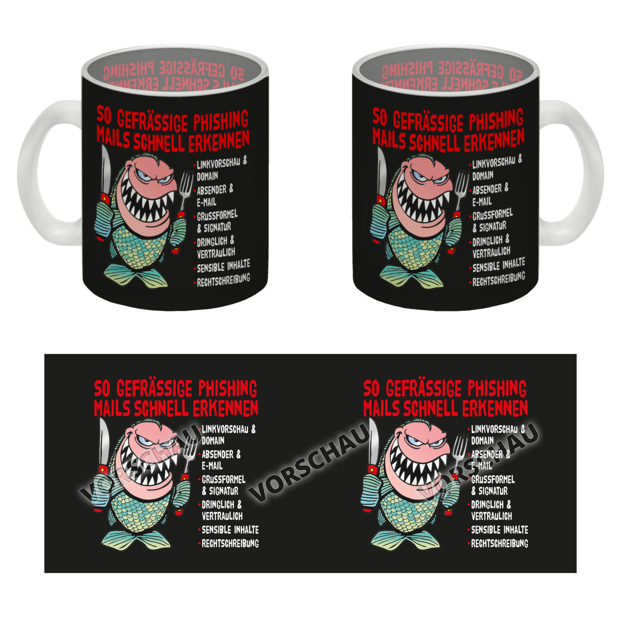 Kaffeebecher zum Thema Phishing Mails erkennen mit Fisch Motiv