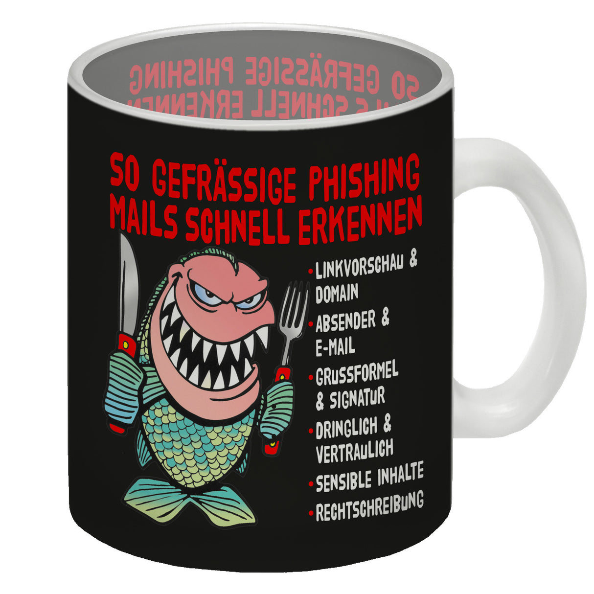 Kaffeebecher zum Thema Phishing Mails erkennen mit Fisch Motiv