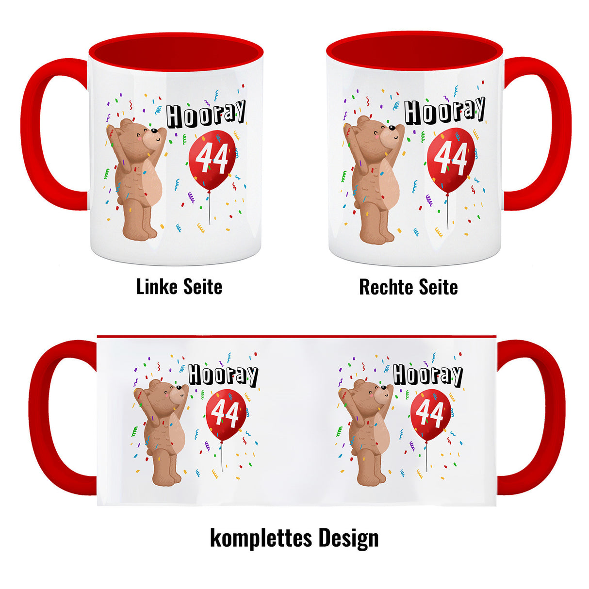 Witziger Kaffeebecher für den 44. Geburtstag mit Motiv: Hooray
