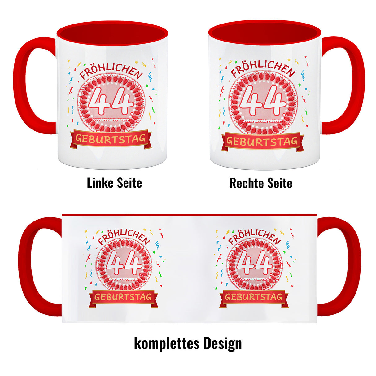 Witziger Kaffeebecher für den 44. Geburtstag mit Motiv: Torte