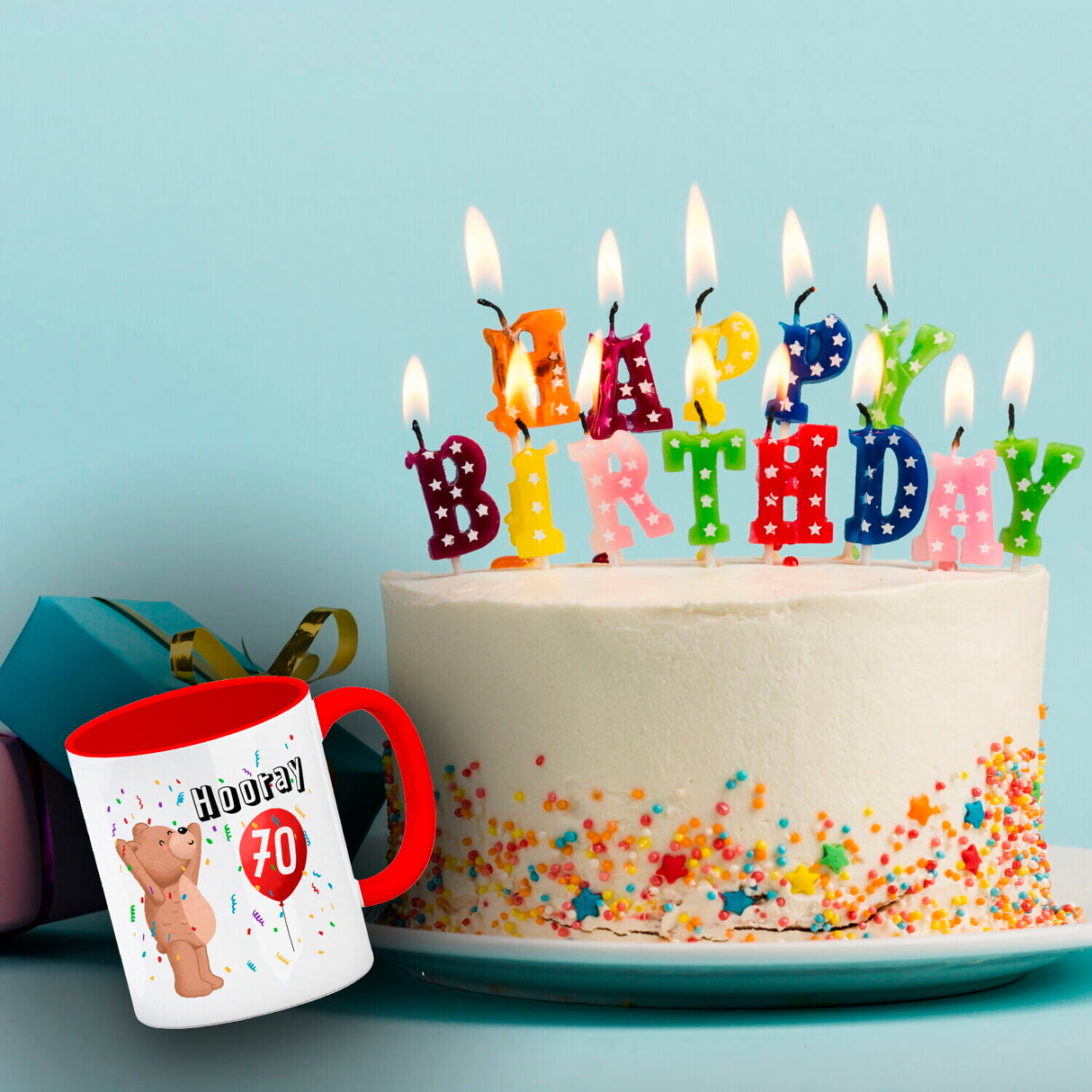 Witziger Kaffeebecher für den 70. Geburtstag mit Motiv: Hooray