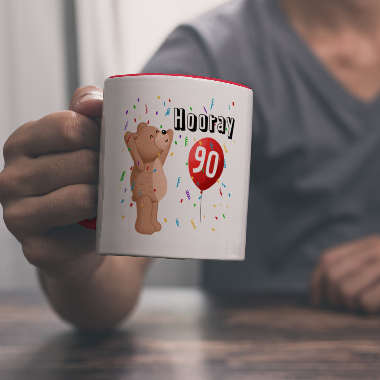 Witziger Kaffeebecher für den 90. Geburtstag mit Motiv: Hooray