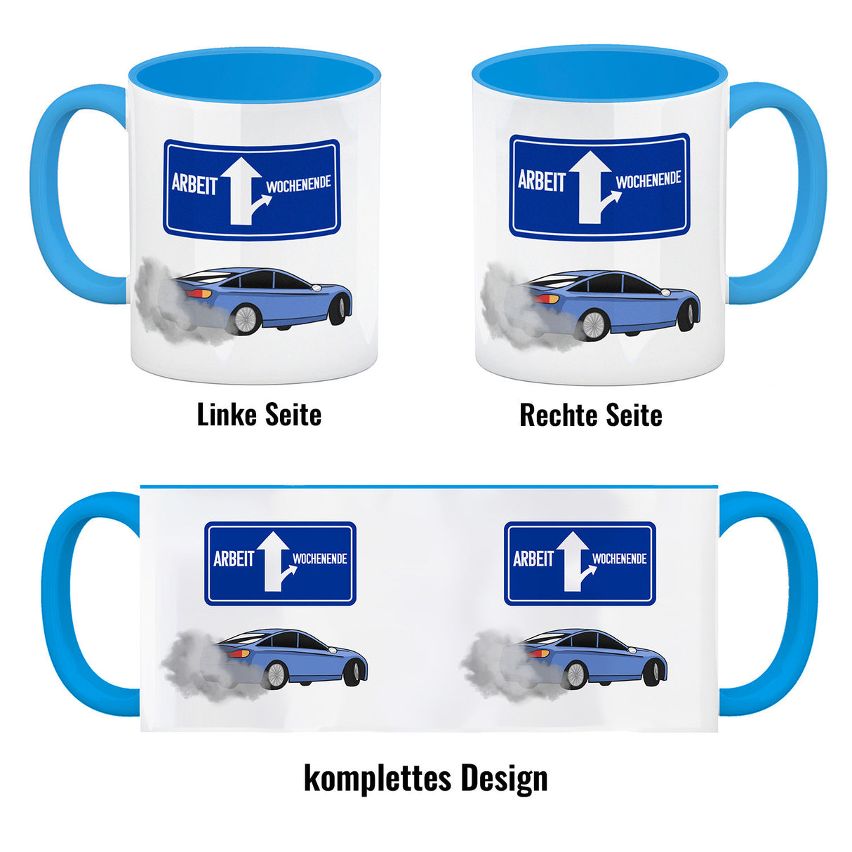 Arbeit oder Wochenende witziger Kaffeebecher mit driftendem Auto