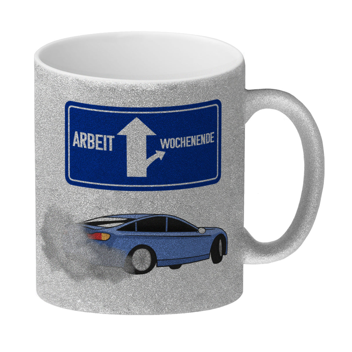 Arbeit oder Wochenende witziger Kaffeebecher mit driftendem Auto