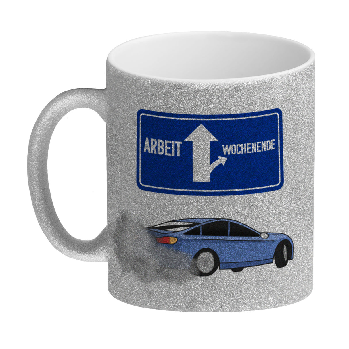 Arbeit oder Wochenende witziger Kaffeebecher mit driftendem Auto