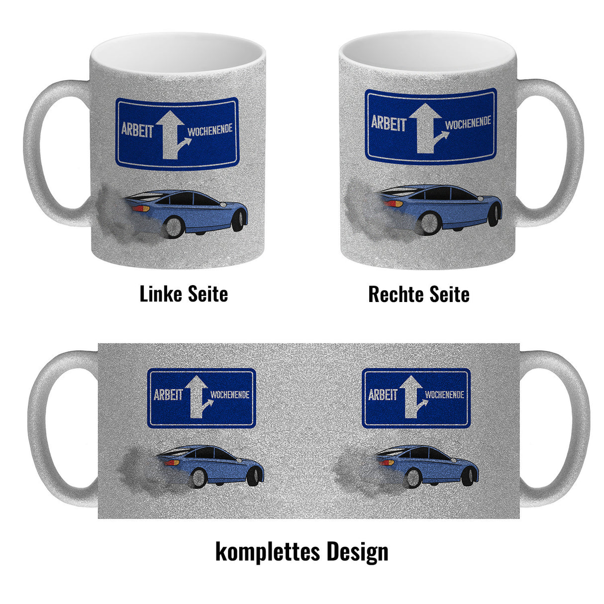 Arbeit oder Wochenende witziger Kaffeebecher mit driftendem Auto